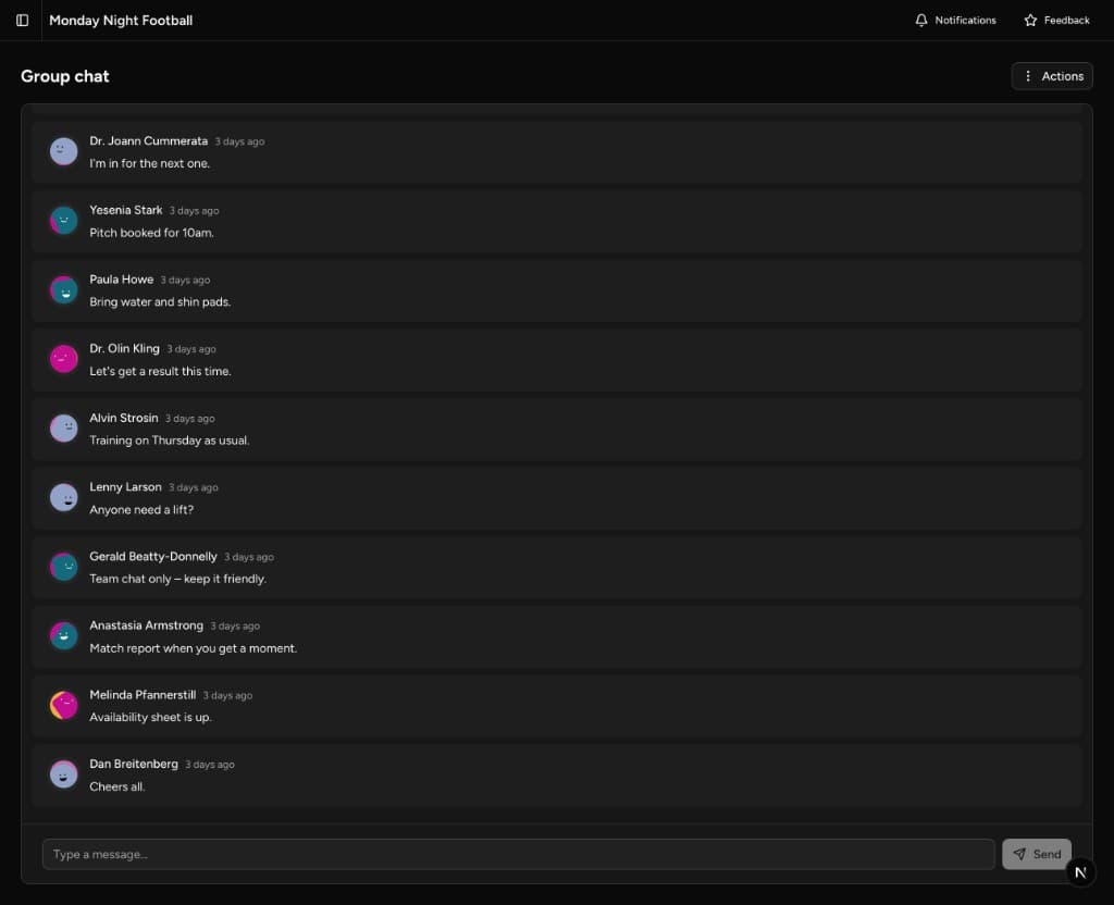 Group page showing the chat interface for making announcements and confirming match details