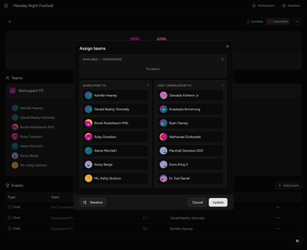 Match page showing the drag and drop interface for building lineups